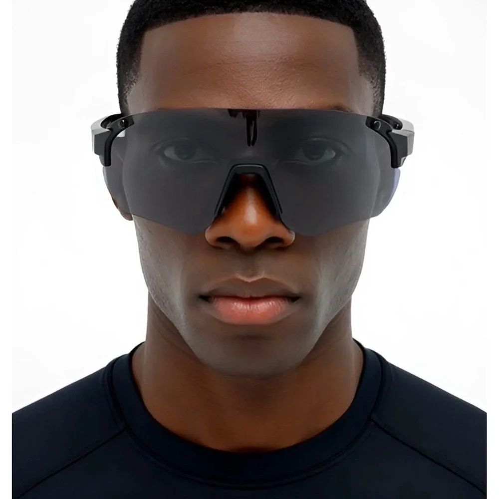 Mens Matte Black Rimless Shield Sunglasses Sport Cycling Wrap Around‎ Smoke Lens